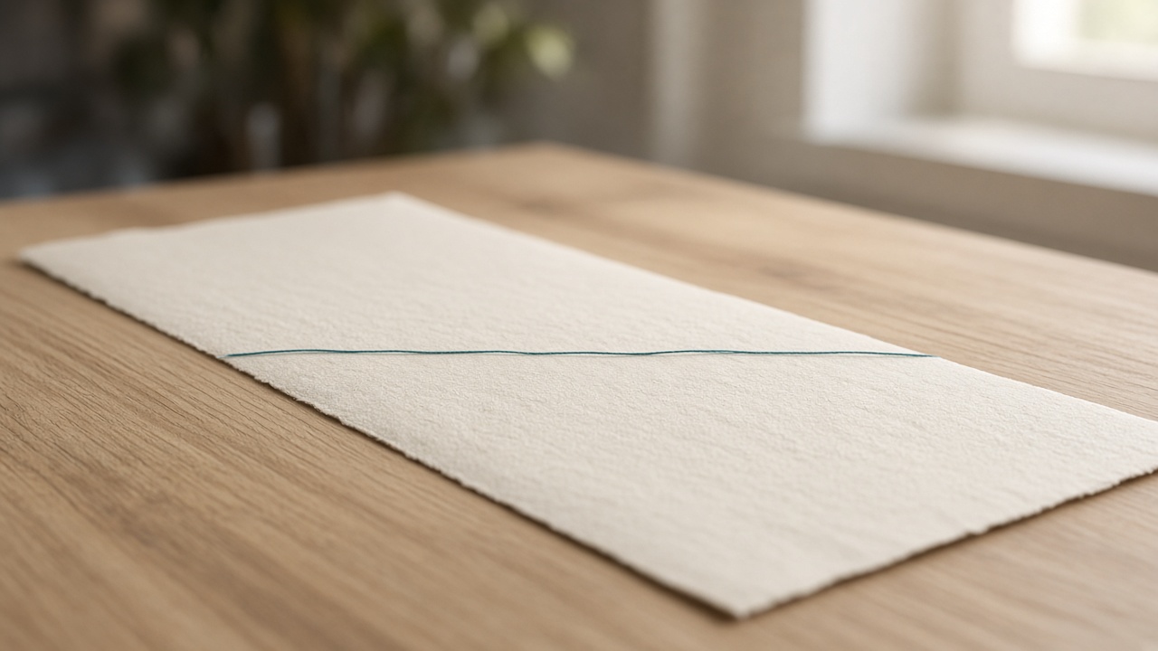 Feuille de papier écru et fil turquoise sur une table en chêne, sans texte