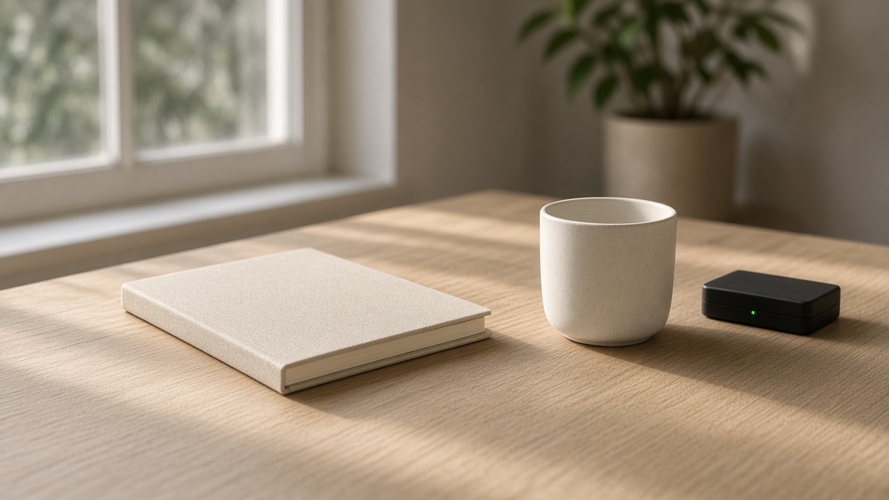Bureau en chêne clair au matin, carnet fermé, tasse et petit boîtier au voyant vert.