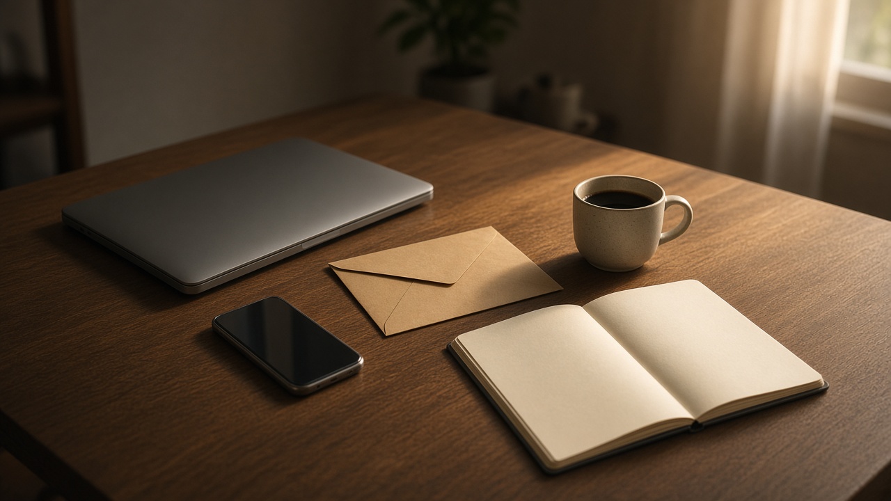 Bureau au petit matin, ordinateur fermé, téléphone retourné et enveloppe, sans texte