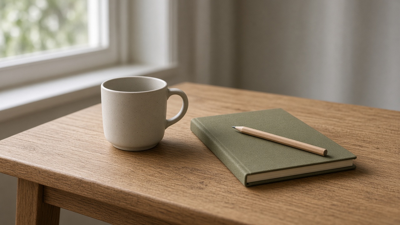 Bureau en bois près d’une fenêtre, carnet fermé, tasse et crayon, sans inscription