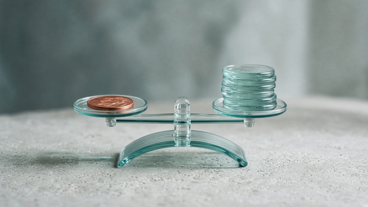 Balance de verre, une pièce de cuivre face à des jetons translucides, sans texte