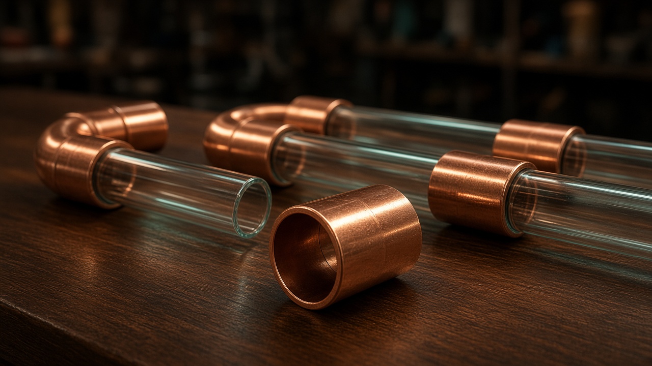 Tuyaux de cuivre et tubes de verre sur un établi sombre, un raccord reste ouvert, sans inscription